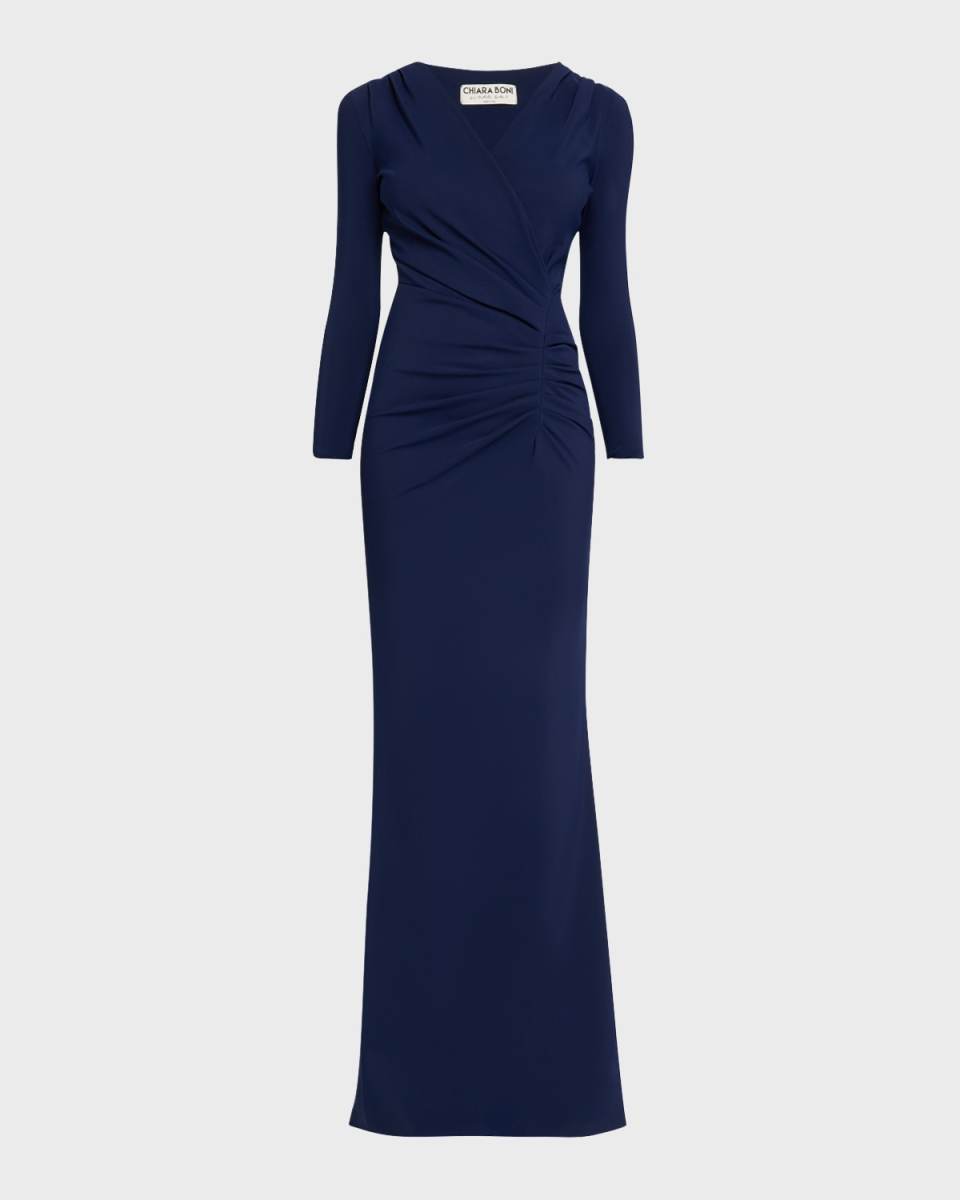 Ruched 3/4-Sleeve Column Gown